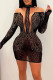 Black Sexy Solid Patchwork See-through Hot Drill O Neck Pencil Skirt Dresses