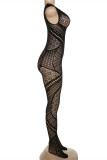 Black Fashion Sexy Solid Patchwork See-through O Neck Skinny Jumpsuits