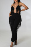 Pink Sexy Solid Tassel Patchwork Halter Sleeveless Two Pieces