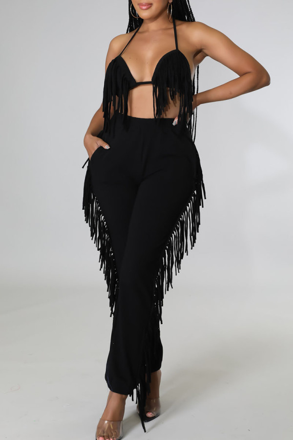 Black Sexy Solid Tassel Patchwork Halter Sleeveless Two Pieces