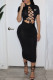 Black Fashion Sexy Print Hollowed Out O Neck One Step Skirt Dresses