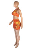 Red Fashion Sexy Print Bandage Hollowed Out Backless Halter Sleeveless Two Pieces