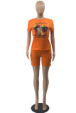 Orange Fashion Casual Print Basic O Neck Short Sleeve Two Pieces