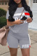 Grey Fashion Casual Letter Print Basic O Neck Short Sleeve Two Pieces