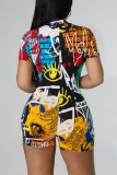 Blue Street Print Graffiti Patchwork Zipper Collar Regular Rompers