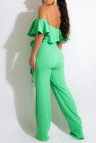 Blue Fashion Casual Solid Patchwork Backless Off the Shoulder Regular Jumpsuits