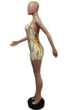 Gold Sexy Casual Print Hollowed Out Backless Spaghetti Strap Skinny Romper