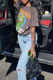 Dark Gray Casual Street Print Patchwork O Neck T-Shirts