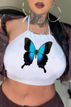 White Sexy Butterfly Print Split Joint Halter Tops