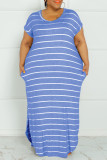 Grey Fashion Casual Plus Size Striped Print Basic O Neck Short Sleeve Dress