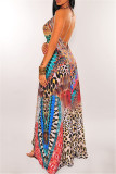 Turquoise Fashion Sexy Print Bandage Backless Spaghetti Strap Long Dress