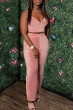 Pink Sexy Solid Patchwork Spaghetti Strap Sleeveless Two Pieces