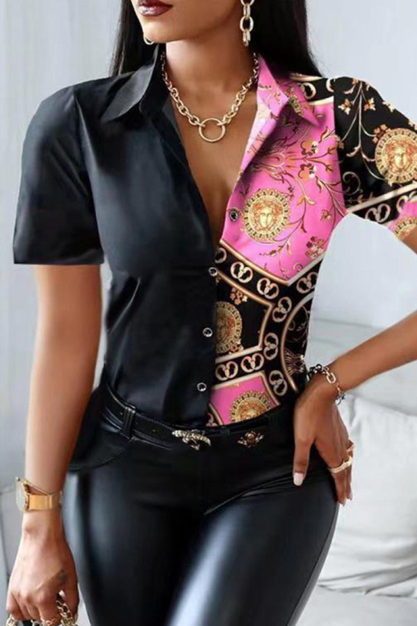Black Pink Fashion Casual Print Patchwork Turndown Collar Tops