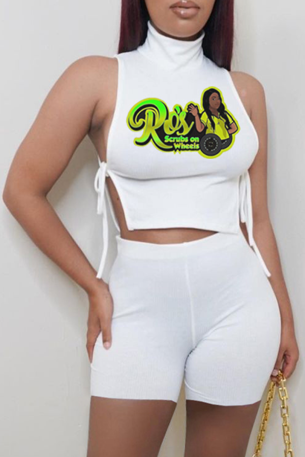 White Sexy Print Draw String Turtleneck Sleeveless Two Pieces
