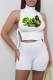 White Sexy Print Draw String Turtleneck Sleeveless Two Pieces