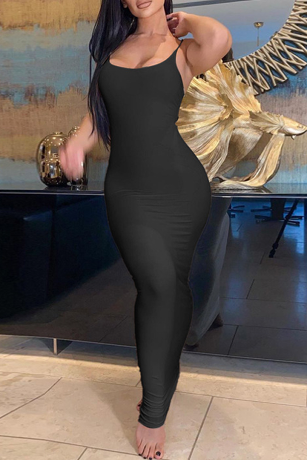 Black Sexy Solid Slit Spaghetti Strap Pencil Skirt Dresses