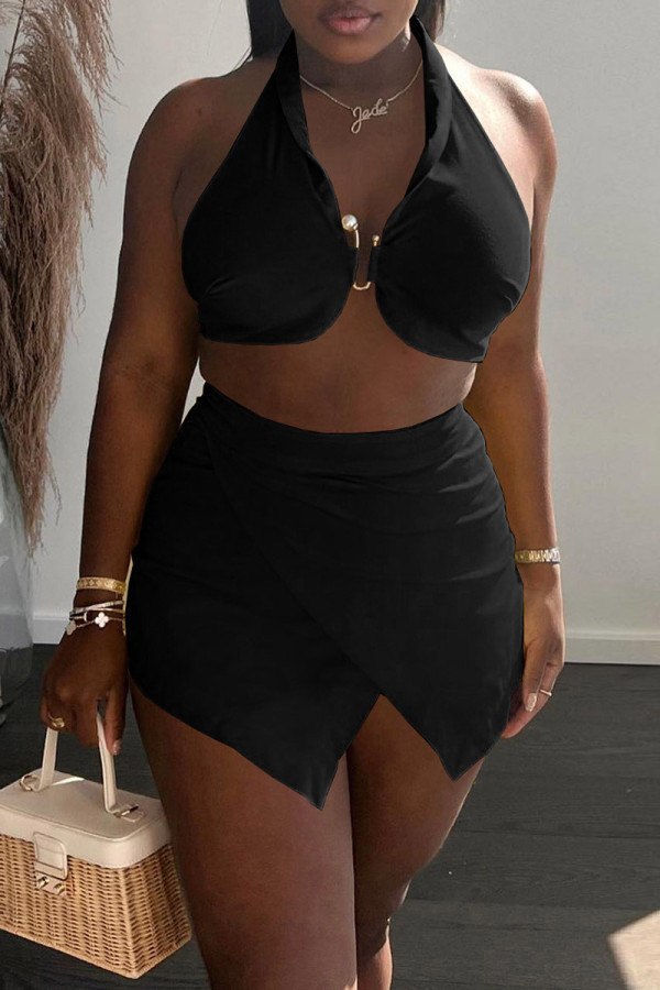 Black Fashion Casual Solid Patchwork Backless Halter Sleeveless Two Pieces