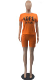 Orange Fashion Casual Print Basic O Neck Short Sleeve Two Pieces