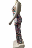 Multicolor Fashion Sexy Print Patchwork Backless Spaghetti Strap Regular Jumpsuits