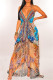 Blue Orange Fashion Sexy Print Bandage Backless Spaghetti Strap Long Dress