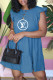Blue Fashion Casual Print Letter O Neck Princess Dresses