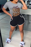 Grey Fashion Casual Letter Print Basic O Neck Short Sleeve Two Pieces