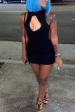 Blue Fashion Sexy Solid Hollowed Out Turtleneck Sleeveless Dress