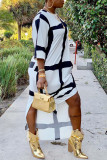 White Fashion Casual Print Slit O Neck Short Sleeve Dress Dresses