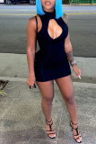 Blue Fashion Sexy Solid Hollowed Out Turtleneck Sleeveless Dress
