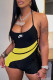 Yellow Fashion Sportswear Patchwork See-through Spaghetti Strap Rompers