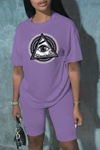 Purple Fashion Print Patchwork O Neck Short Sleeve Two Pieces