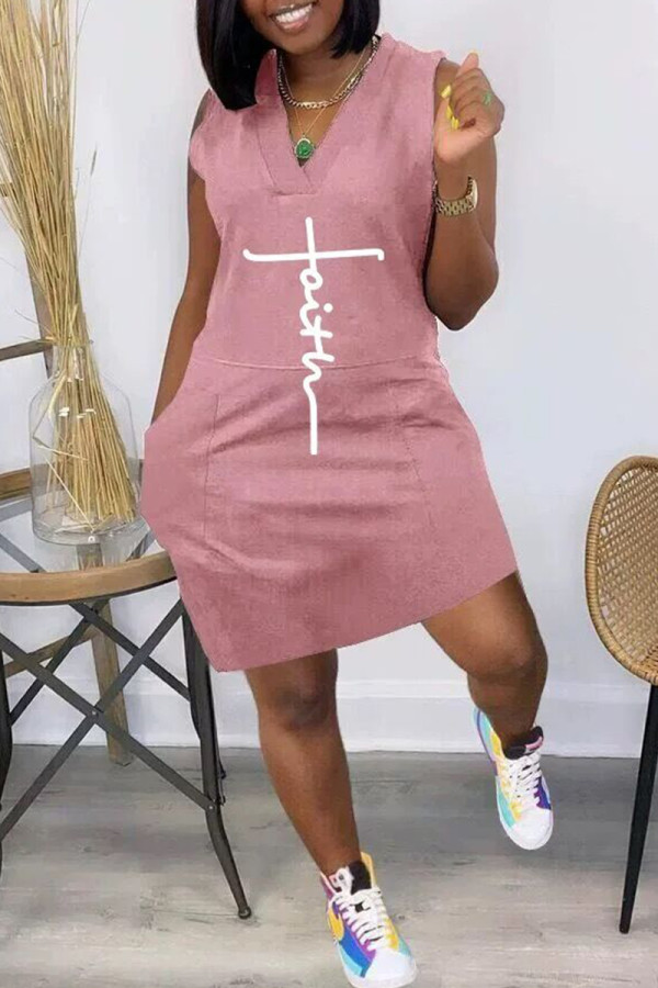 Pink Fashion Casual Print Patchwork V Neck Sleeveless Dress