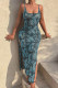 Blue Sexy Print Leopard Patchwork Slit Spaghetti Strap Straight Dresses