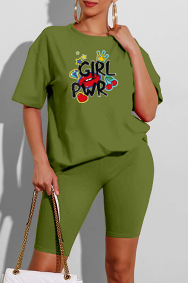 Green Casual Lips Printed Patchwork O Neck Short Sleeve Two Pieces