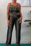 Black Elegant Solid Patchwork Hot Drill O Neck Long Sleeve Three Pieces
