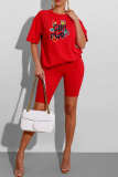 Red Casual Lips Printed Patchwork O Neck Short Sleeve Two Pieces