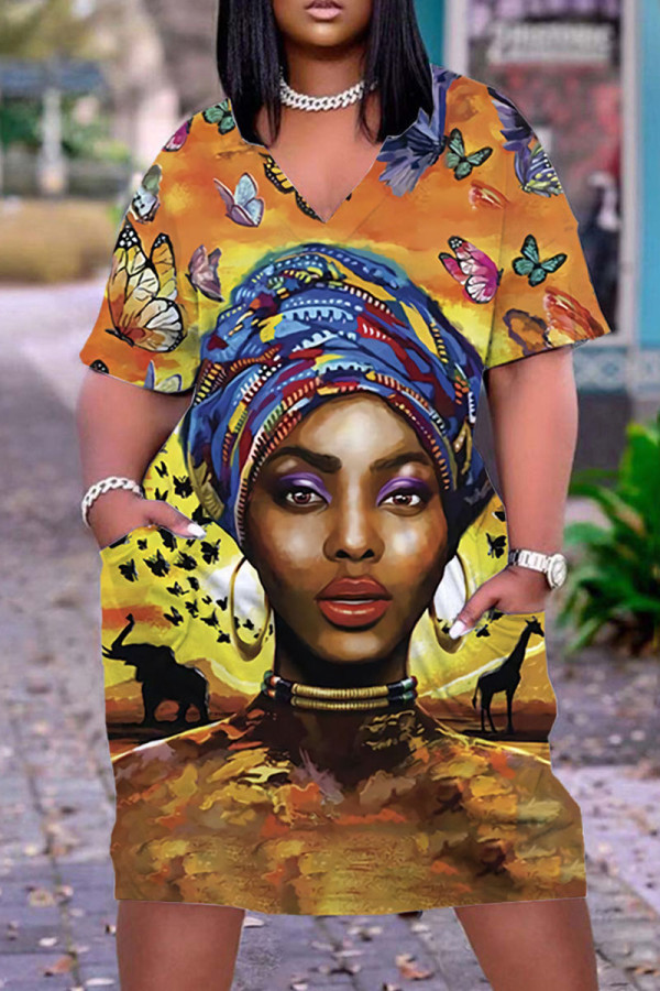 Orange Plus Size Fashion Figure Print Pocket V Neck Straight Dresses