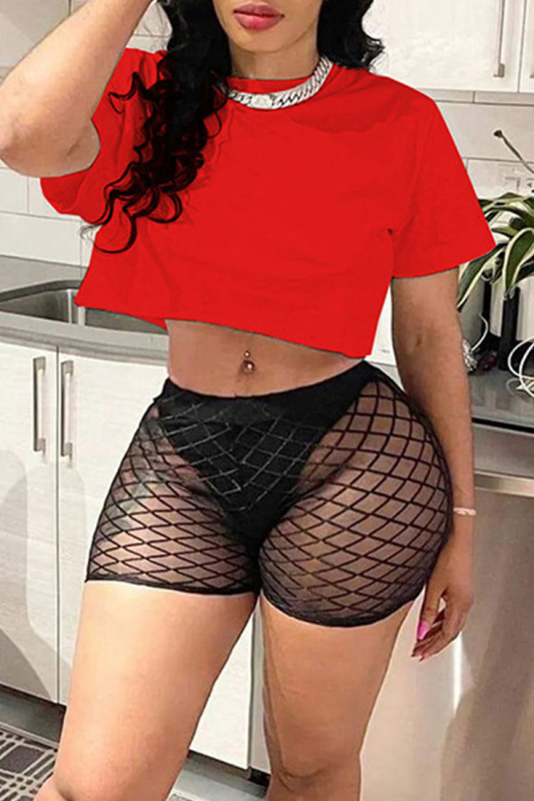 Red Sexy Solid Patchwork O Neck Short Sleeve Two Pieces