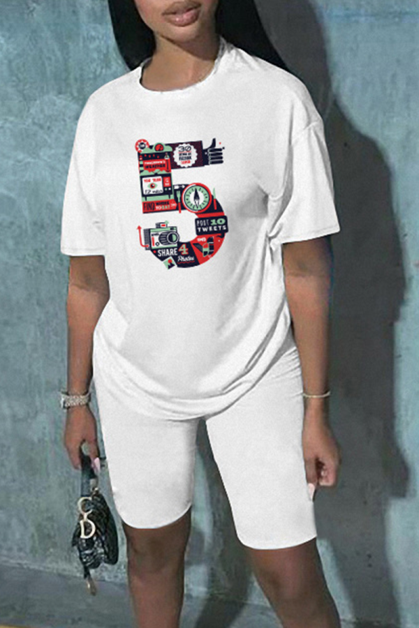 White Casual Print Patchwork O Neck Short Sleeve Two Pieces