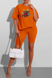 Orange Casual Lips Printed Patchwork O Neck Short Sleeve Two Pieces