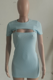 Pink Sexy Solid Hollowed Out O Neck Pencil Skirt Dresses