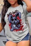 Grey Fashion Vintage Print Patchwork O Neck T-Shirts