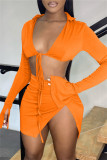 Yellow Fashion Sexy Solid Bandage Slit V Neck Long Sleeve Two Pieces