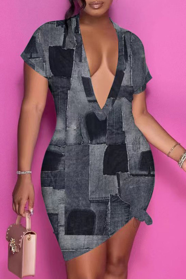 Black Casual Street Print Patchwork V Neck Straight Dresses