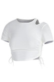 White Casual Solid Hollowed Out Patchwork O Neck T-Shirts