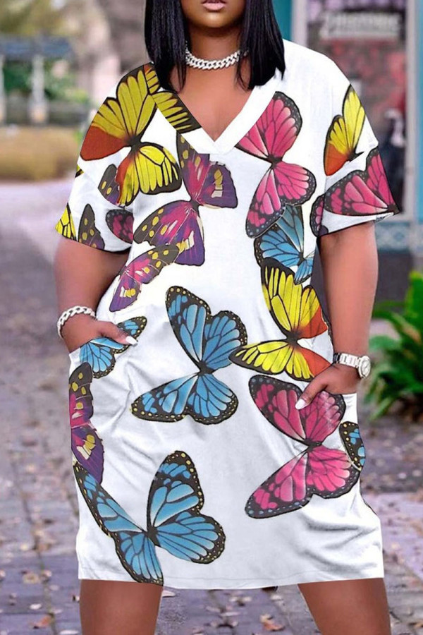 White Plus Size Fashion Butterfly Print Pocket V Neck Straight Dresses