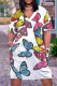 White Plus Size Fashion Butterfly Print Pocket V Neck Straight Dresses