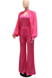 Black Elegant Solid Patchwork Hot Drill O Neck Long Sleeve Three Pieces