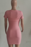Pink Sexy Solid Hollowed Out O Neck Pencil Skirt Dresses