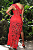 Red Sexy Solid Hollowed Out Patchwork Flounce Asymmetrical Oblique Collar Dresses